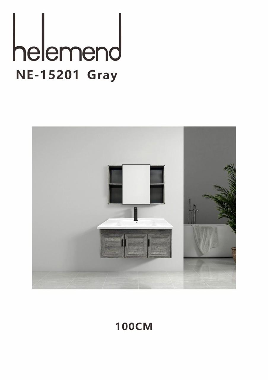 Helemend NE-15201 Gray Wall Mounted Bathroom Vanity Cabinet Set with Mirror – 100CM Modern Wash Basin Unit